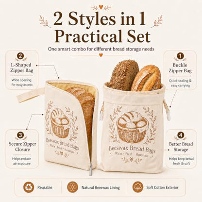 Cream Beige Beeswax Bread Bags Set for Homemade Loaves with Zipper & Buckle - Reusable Cotton Sourdough Storage - XL