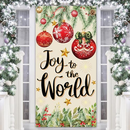 Christmas Door Cover Backdrop 35x71 Inches – Festive Xmas Balls & Pine Cones Decor