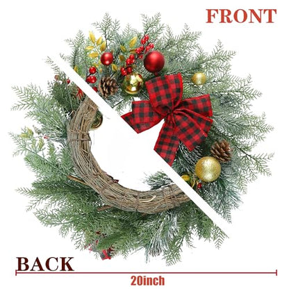 Artificial Christmas Wreath 20 Inch with Pine Needles Red Berries Pine Cones Buffalo Plaid Bow Christmas Decorations for Front Door - Red