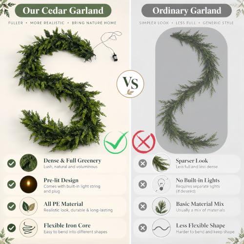 9FT Pre-Lit Christmas Garland with Lights, Real-Touch Cedar Greenery, Large Branches - Indoor Outdoor Decor