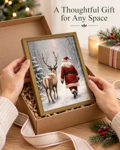 Vintage Santa Reindeer Christmas Wall Art - Framed 10x8 Inch Rustic Canvas