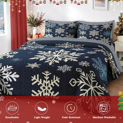 Queen Snowflake Quilt Set - Winter Christmas Bedding 3 Pieces
