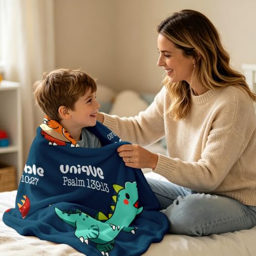 Baptism Dinosaur Blanket for Boys - Soft 40x50in Religious Gift with Bible Verses - Variation of Baptism-Dinosaur / 50x40in