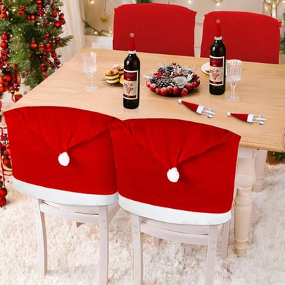 2PCS Christmas Santa Hat Chair Covers with Tableware Holders - Red Holiday Decor