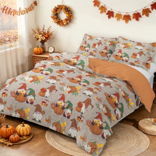 Brown Tan Queen Thanksgiving Duvet Cover Set with Gnome Pumpkin Fall Design