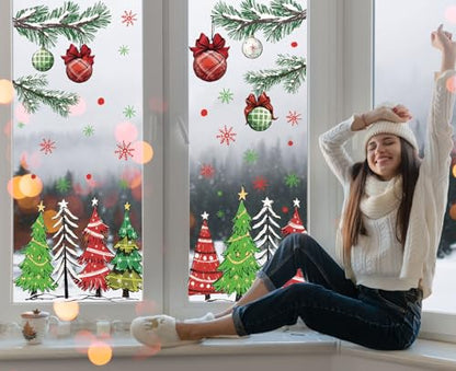 Christmas Window Clings Set - 9 Sheets Red-Green Holiday Decals for Winter Decor