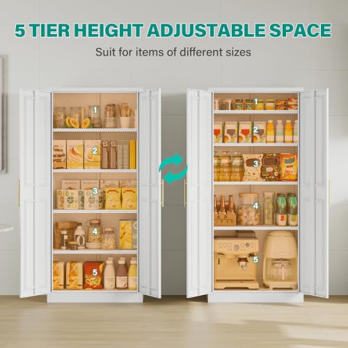 Tall White Metal Kitchen Pantry Cabinet with 2 Doors & 5 Shelves - 71 Inches