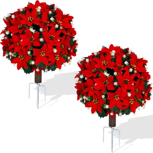 Artificial Poinsettia Christmas Topiary Trees Set - Red, 24.8 Inches with Metal Spikes