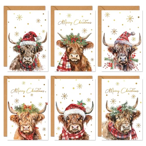 Highland Cow Christmas Greeting Cards Set - Gold Foil Snowflake Watercolor Holiday Note Cards with Envelopes & Stickers - Highland Cow Variation 1