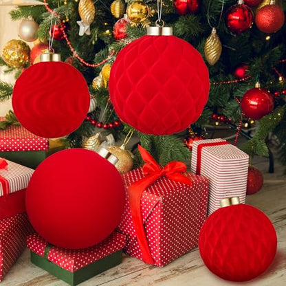 Red Velvet Christmas Ball Ornaments - 6 inch Shatterproof Holiday Decor Set (2pcs)