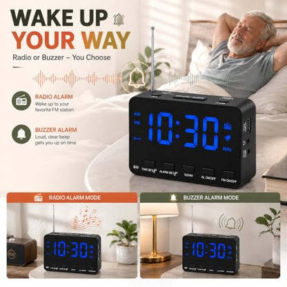 Alarm Clock Radio with FM, USB Charging, Sleep Timer & Snooze
