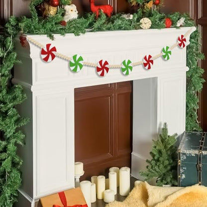 6Ft Candy Christmas Garland - Felt Red & Green Holiday Decor with Peppermint & Wooden Beads - Indoor Mantel & Tree Decoration - Variation: Red Green