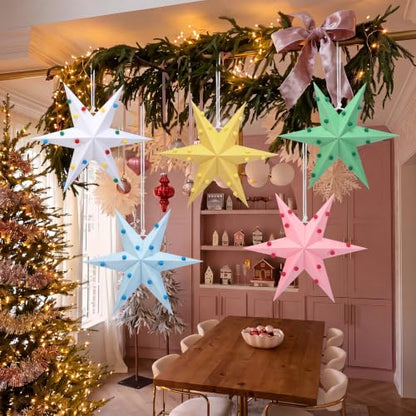 Christmas Paper Star Lanterns Set - Felt Ball Decor 12 Inch Pastel Ornaments