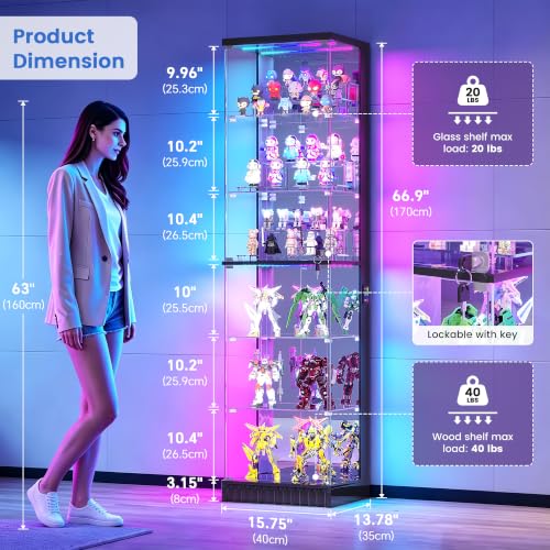 6-Tier Corner Display Cabinet with RGB Lights, Lockable Glass Doors