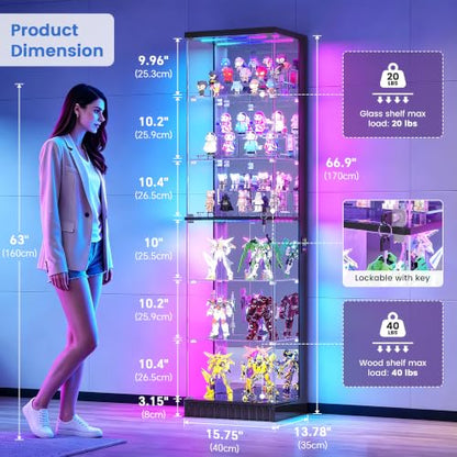 6-Tier Corner Display Cabinet with RGB Lights, Lockable Glass Doors