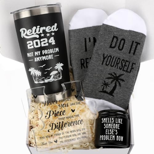 Cool Retirement Gifts for Men- Retired 2024 Not My Problem Anymore Gift Baskets Funny Happy Retirement Gifts for Him, Colleague, Leader, Boss Teacher Coworker Ideas for Retirement Tumbler Set