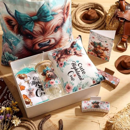 Blue-Green Highland Cow Gift Set with Mug Socks Keychain Cosmetic Bag