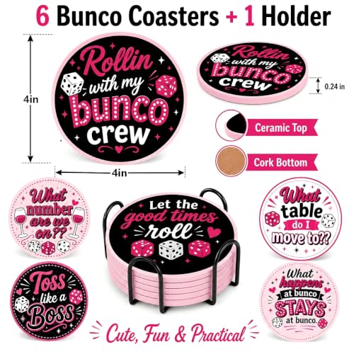 Pink Black Ceramic Coasters Set with Metal Holder - Bunco Party Supplies 6-Pack