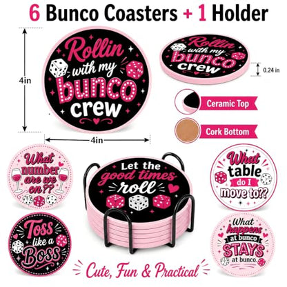 Pink Black Ceramic Coasters Set with Metal Holder - Bunco Party Supplies 6-Pack