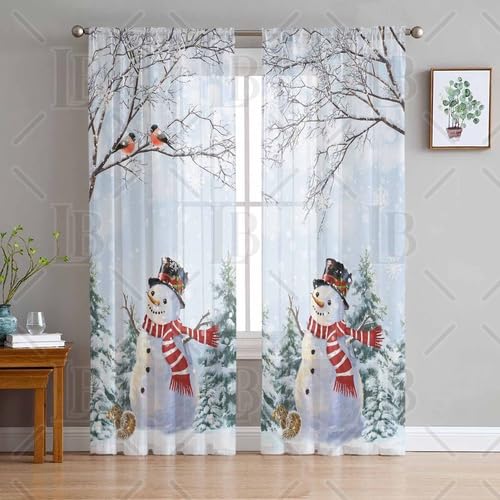 Christmas Snowman Sheer Curtains 52x63 Inches - 2 Panels Winter Decor