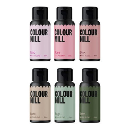 Colour Mill Aqua Blend Water-Based Food Coloring - Botanical Pack, 20ml in Dusk, Latte, Lilac, Olive, Rose & Sage