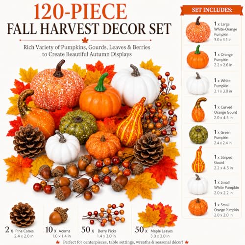 120-Piece Fall Harvest Decor Set with Mini Pumpkins, Gourds & Autumn Accents