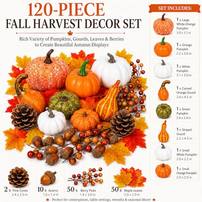 120-Piece Fall Harvest Decor Set with Mini Pumpkins, Gourds & Autumn Accents