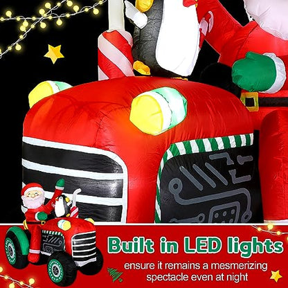5ft Christmas Inflatable Santa Tractor with Penguin & Lights Outdoor Yard Decor
