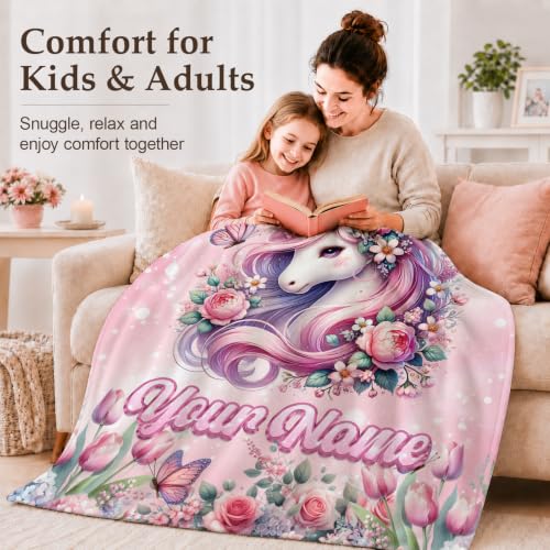 Pink Personalized Unicorn Blanket for Girls - Custom Floral & Butterfly Gift
