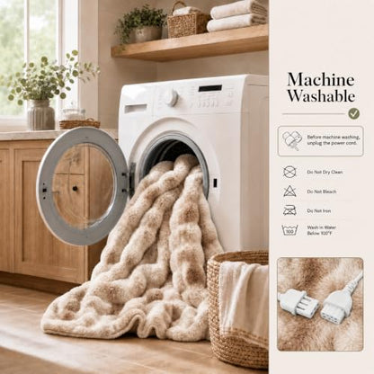 Electric Heated Faux Rabbit Fur Bubble Throw Blanket - Beige Tie-Dye 50x60"