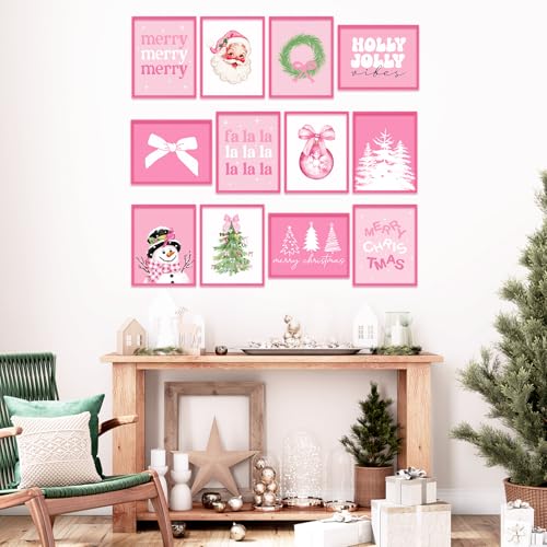 Set of 12 Pink Christmas Wall Art Prints - Holiday Holiday Decor, Snowman Santa Tree