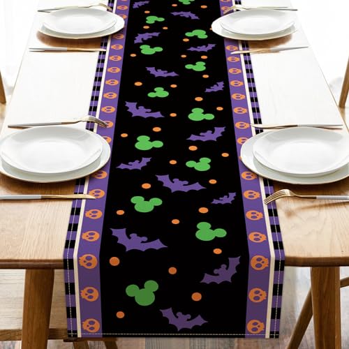 Halloween Bat Table Runner, Black Purple Skull Polka Dot Kitchen Decor