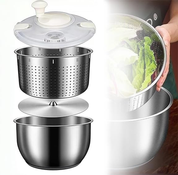 Stainless Steel Salad Spinner,6L Salad Spinner,Lettuce Spinner with Drain,Multifunctional Kitchen Tool for Lettuce, Pasta, French Fries (Stainless Steel 6L)