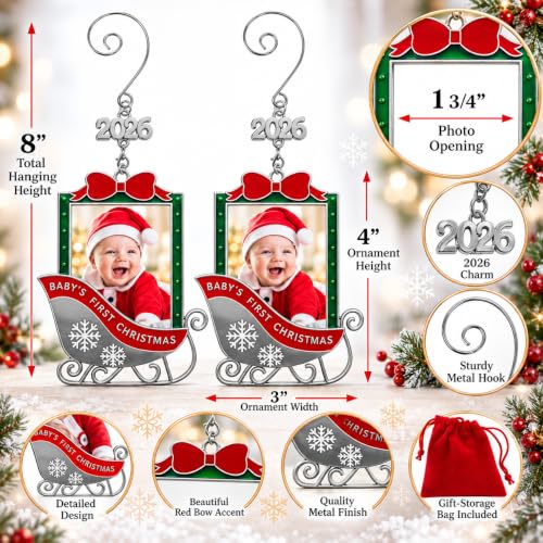 Baby's 1st Christmas Photo Ornament Set of 2 - 2026 Keepsake Sleigh Decorations with Personalizable Photo Slots
