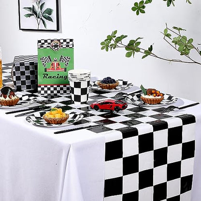 Preboun 3 Pcs Black White Checkered Plastic Table Runner 14x108 Inches - Racing Theme Party Supplies