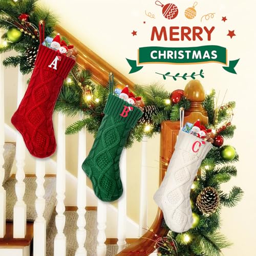 Christmas Stockings with Initials - 18 Inch Knit Monogram Letter Xmas Stocking - White / Letter A