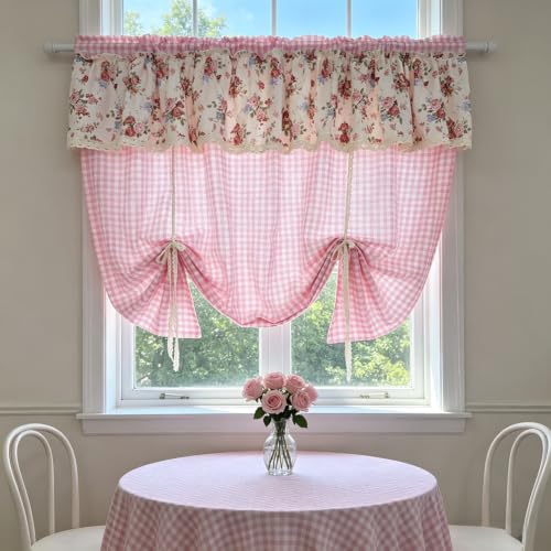Pink Floral Gingham Tie-Up Balloon Curtain with Lace Trim - 55W x 63L