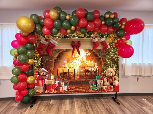 Christmas Fireplace Backdrop 7x5FT Vintage Stocking Xmas Tree Photography Background Brown