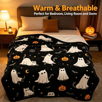 Halloween Throw Blanket Grid Pumpkin Cat Bat Ghost Flannel Design09 - Cozy Festive Home Decor Gift