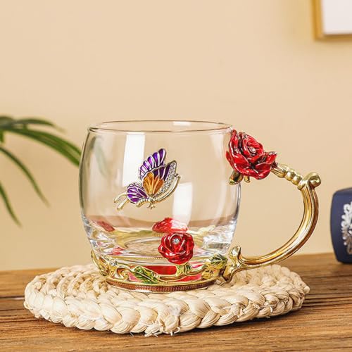 Glass Fancy Tea Cup Set with Rose Pattern and Spoon - Red Rose Variation