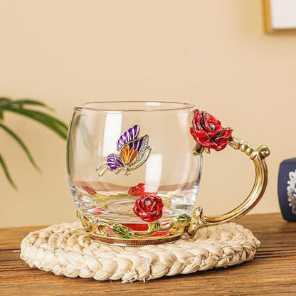 Glass Fancy Tea Cup Set with Rose Pattern and Spoon - Red Rose Variation