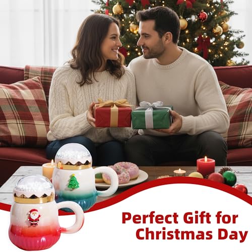 Christmas Coffee Mugs 2-Pack 15oz Ceramic with Snow Globe Lids - Red & Green Santa & Tree Gift Set