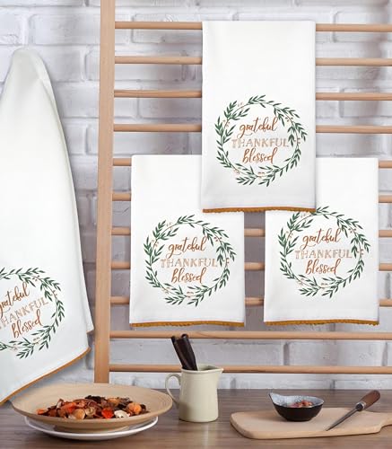 Christmas Kitchen Dish Cloths Set of 2 - White, Green, Brown Embroidered Cotton Towels 20x28 - Holiday Decor