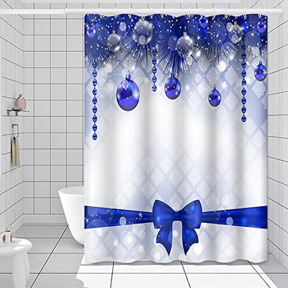 Merry Christmas Shower Curtain with Hooks - Blue Xmas Balls & Bow, 48x72 Inch Variation of THIS listing