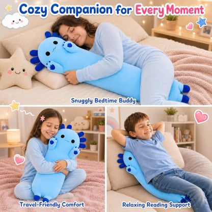 Long Axolotl Plush Pillow 43.3 Inch - Soft Blue Stuffed Animal for Kids & Gift