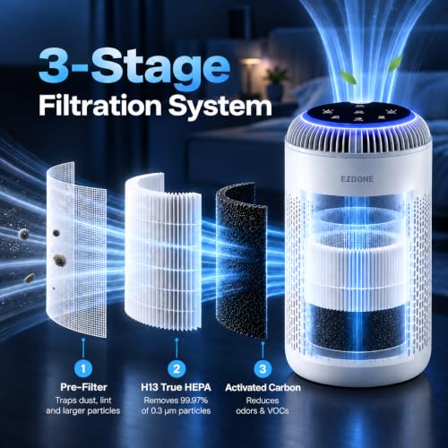 EZDONE White Compact Air Purifier with HEPA Filter & Aroma Tray for Bedroom