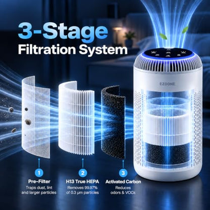EZDONE White Compact Air Purifier with HEPA Filter & Aroma Tray for Bedroom
