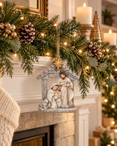 4 Grey Nativity Holy Family Resin Ornaments Christmas Set - Manger Scene