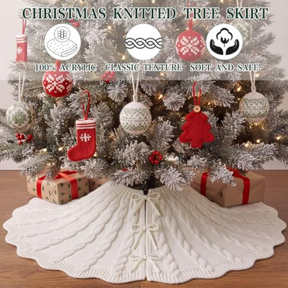 48 Inch Chunky Cable Knit Christmas Tree Skirt - Beige, Farmhouse Style
