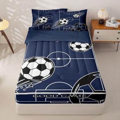 Soccer Comforter Set with Zippered Bed Cover, Fitted Sheet & Pillowcases - Navy Blue, Black & White, Full Size